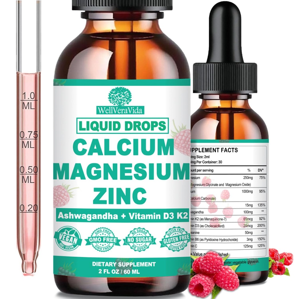Kalsium Magnesium Zinc D3 dengan Calm Magnesium Glycinate Plus Ashwagandha, L-Theanine, Liquid Calcium dengan Vitamin D3 dan Magnesium Suplemen Imune, Bone, Muscle, Mood & Sleep Dupport