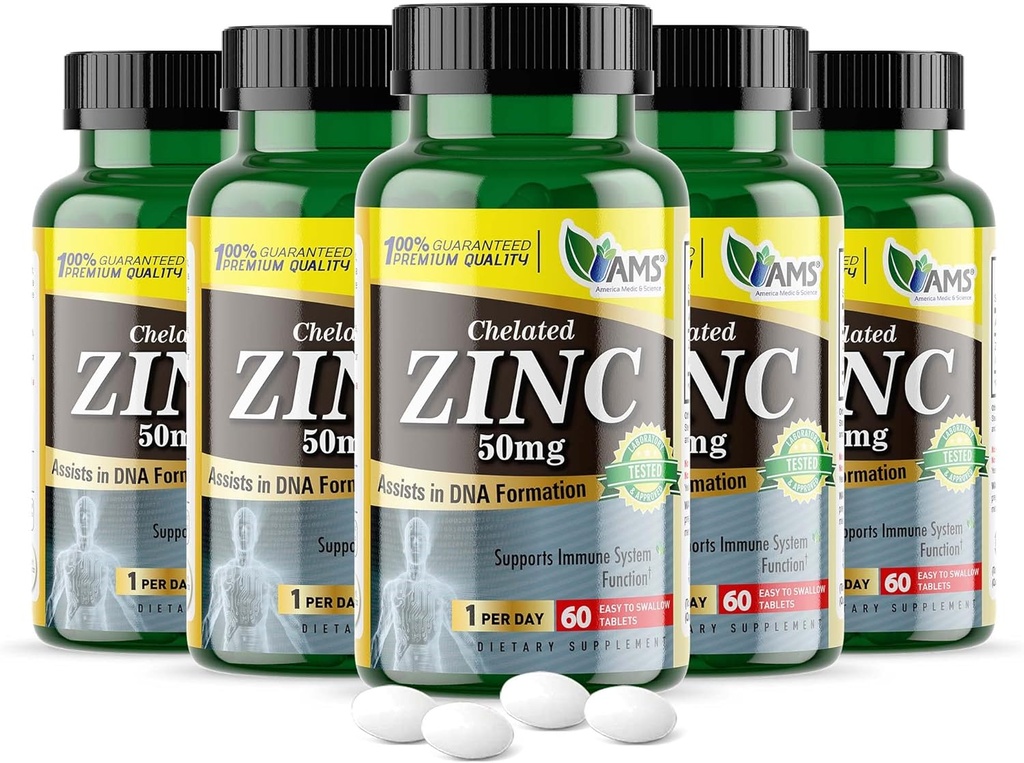 Amerika Medic & Science Chlated Zinc 50 mg Suplemen (5 Pack of 60 Tablet) Ammune Booster dan Pil Antioksidant kuat untuk Pria dan Wanita Dewasa Sangat Absorbable Mineral, Menimbulkan Mood & Sleep