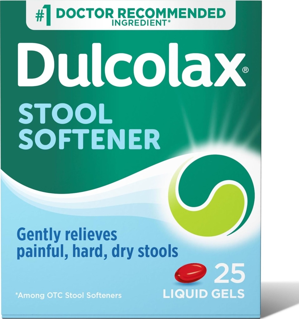 Dulcolax Stool Softtener Laxative Liquid Gel Capsules, Penyimpanan Lembut untuk Hard, Dry Stools, Docurate Sodium 100 mg, 25 Count
