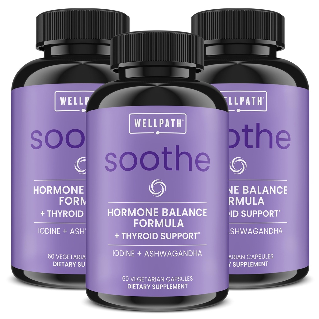 Soothe Hormone Balance for Women + Thyroid Dukungan bagi Perempuan (3- Pack); Manajer Cortisol, Mood Dukungan, & Metabolisme Booster; Adrenal Dukungan 124; Rhodiola, Iodin 124; Adaptogens, 180 derajat