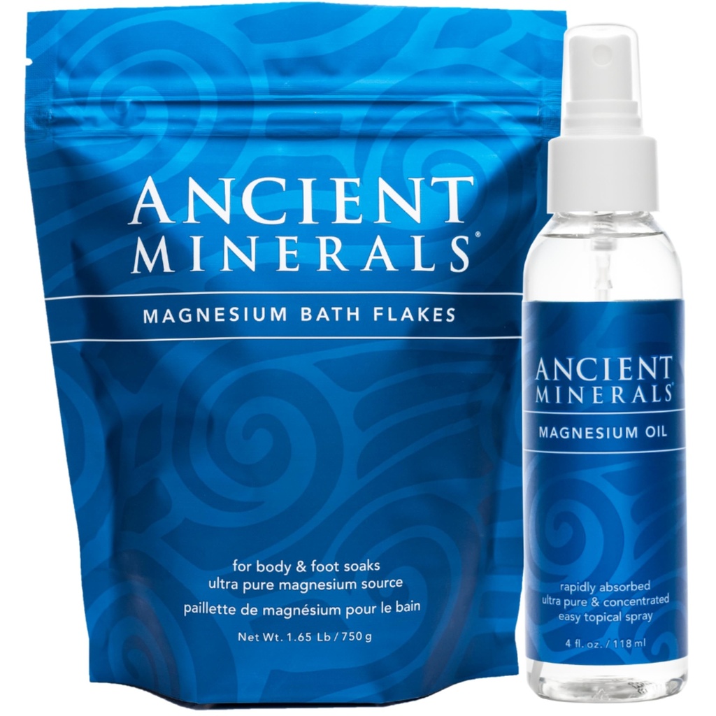 Serbuk Bath Minesesium Kuno dan Semprot minyak Magnesium Bundle - Pure Genuine Zechstein Chloride
