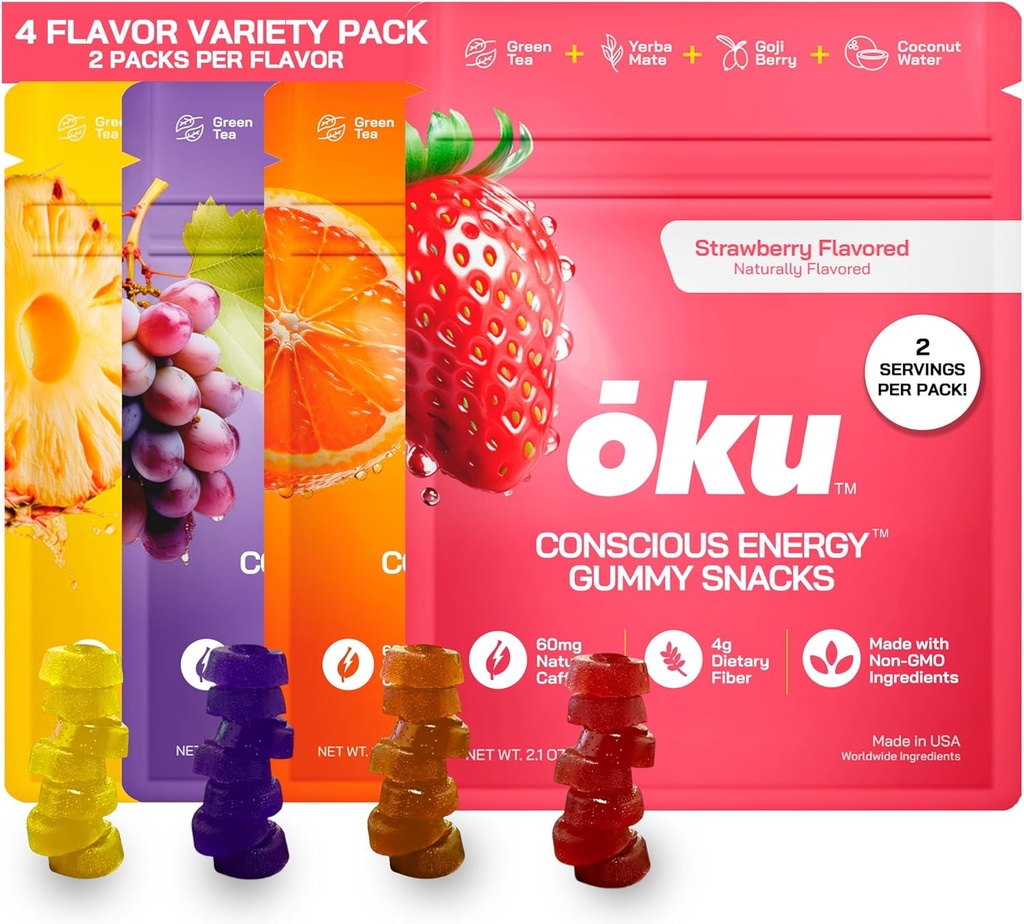 Chomku Energy Chews - Energy Gummies w / Natural Caffeine from Green Tea 124; Yerba Mate, Coconut Water for Hydration, 4g Fiber Gummy, Non-GMO 124; Running, Cycling, On- TheGo Snacks, Variety Pack (8-Pack)