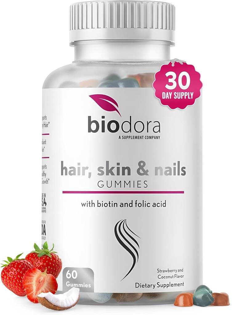 Skin dan Nails Gummies, Gumi Biotin Ekstra dengan Acid Folic, Inositol dan Vitamin, PCOS Symptom Relief & Hormone, Sugar- Free Strawberry & Coconut Flavor, 60 Gummies