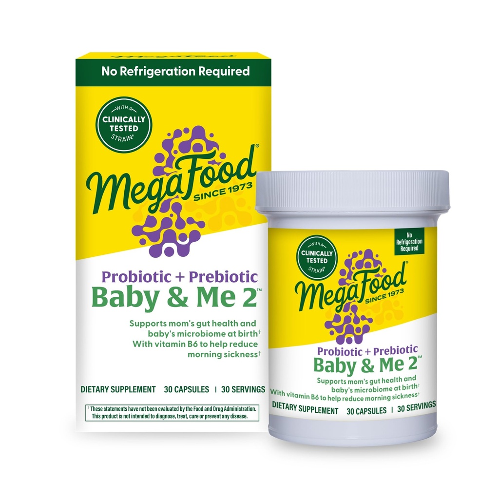 MegaFood Baby & Me 2 Probiotik Prenatal, Pregnancy Pregnancy Vegetarian dan Progories for Women, Digetical Health & Imune Dukungan dengan Vitamin B6 untuk Bantuan Penyakit Pagi, 30 Kapsul