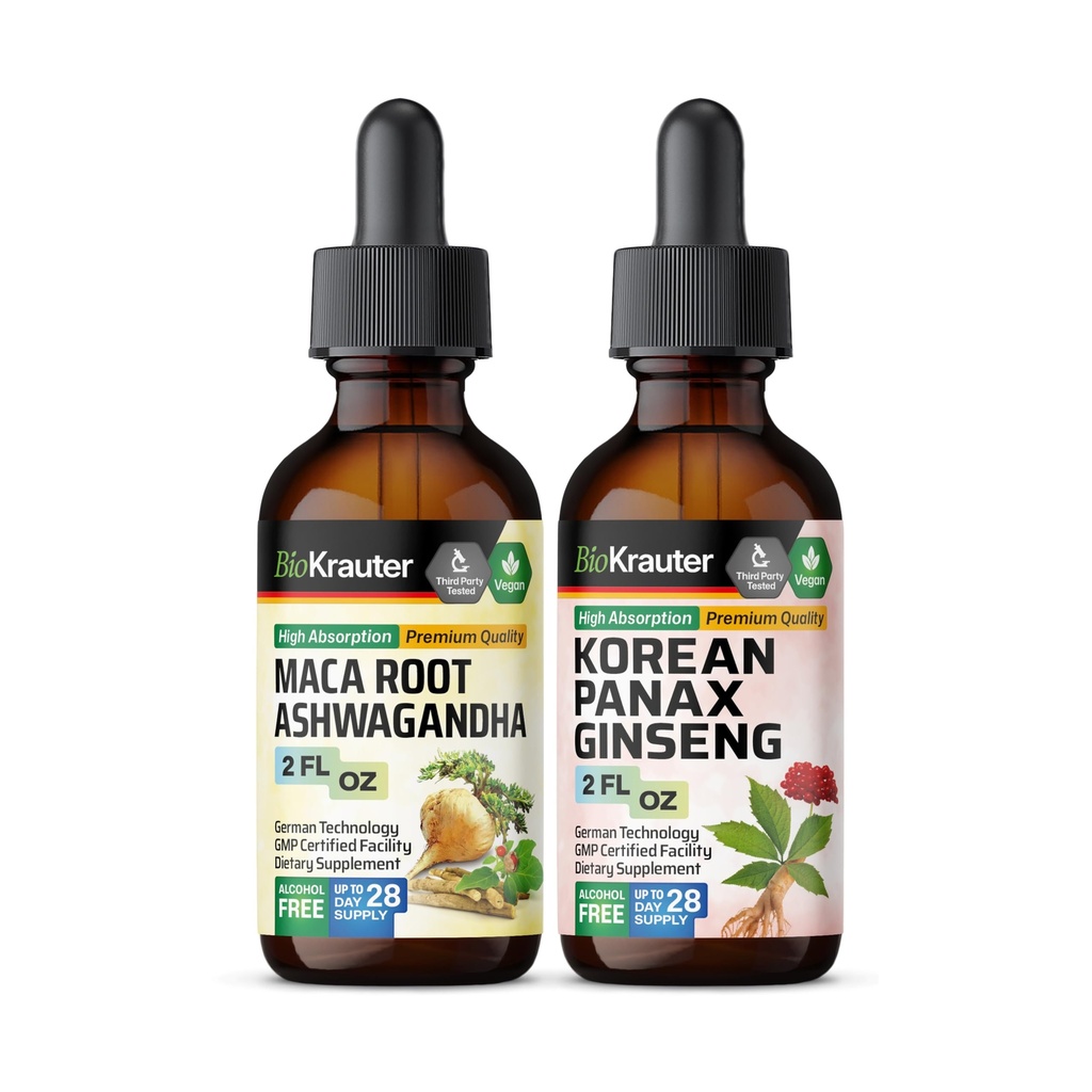 BIO KRAUTER Maca Root Ashwagandha Tainture 2 Fl. Oz. & Korea Panax Ginseng Tincture 2 Fl. Oz.