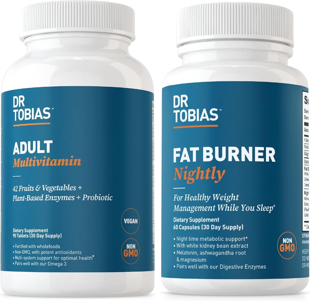 Dr. Tobias Fat Burner Nightly & Adult Multivitamin Supports Energy, Imunity & Metabolisme dengan Ashwagandha. 42 Fruits & Vegetables with Propoles, Green Coffee Bean Extract, Non-GMO, 30 Day Suppply