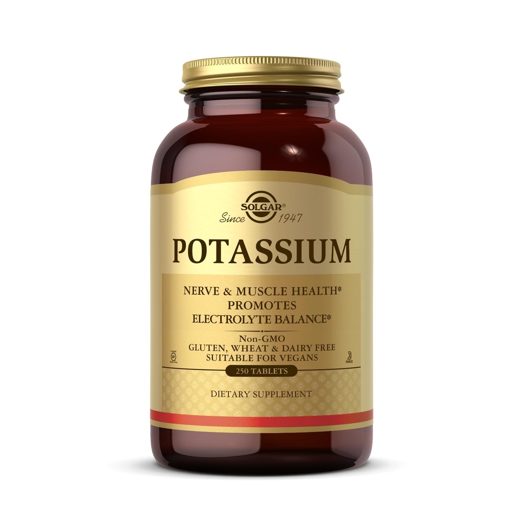 Solgar Potasium - 250 Tablet - Nerve & Muscle Kesehatan, Promotres Keseimbangan Electrolite - Vegan, Gluten & Dairy Bebas, Kosher - 250 Hamba