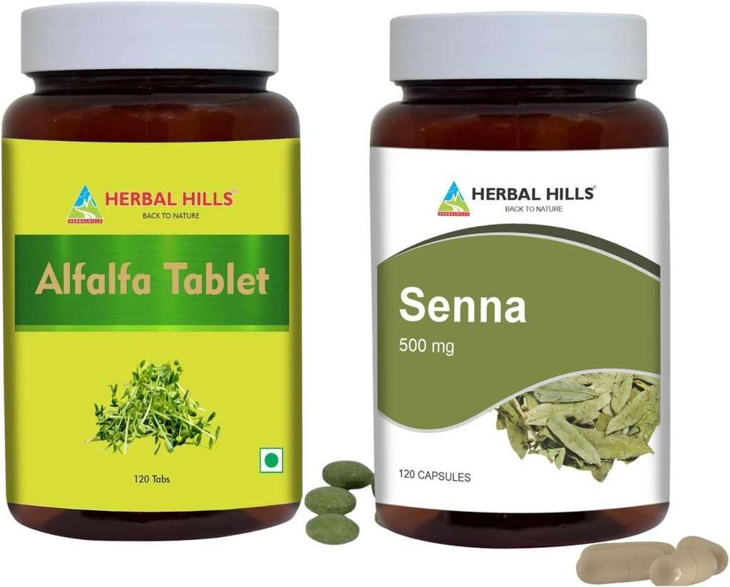 HERBAL HILLS Alfalfa Tablet dan Senna Leaf Capsules Pack dari 2 Combo