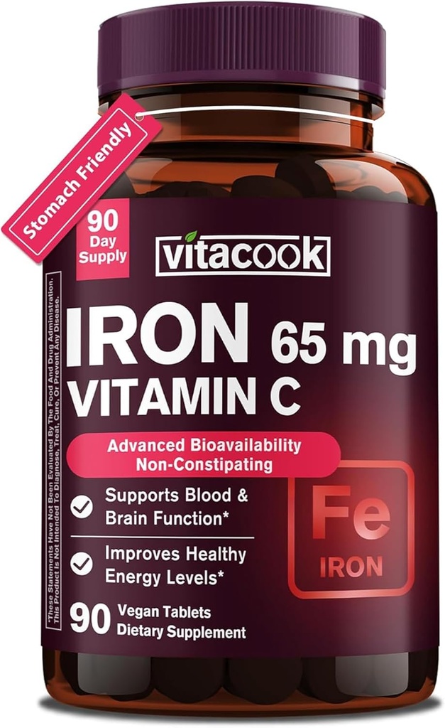 Tambahan Besi bagi Pria Perempuan 124; Potensi Tinggi Besi 65mg dengan Vitamin C 250mg 124; Sepatu Pill Besi Friendly untuk Red Blood Sel & Imune Dukungan 124; Vegan, Non- GMO & Gluten Bebas 124; 90 Tablet
