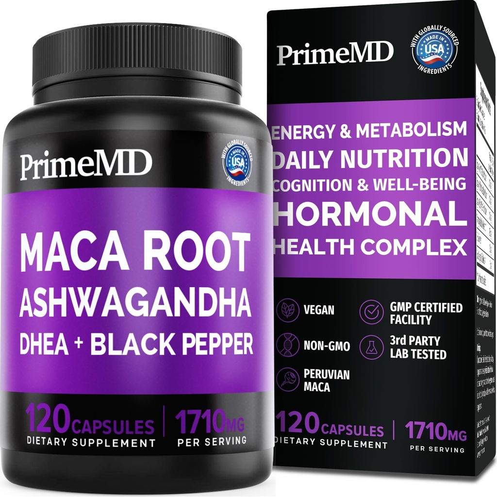 6-in- 1 Organik Maca Root Ashwagandha Capsules 1710mg dengan DHEA dan Black Pepper Ekstrak buah untuk Perempuan dan Pria - Black Maca Suplemen untuk Stamina, Bone dan Mood Supplemen, 120 count