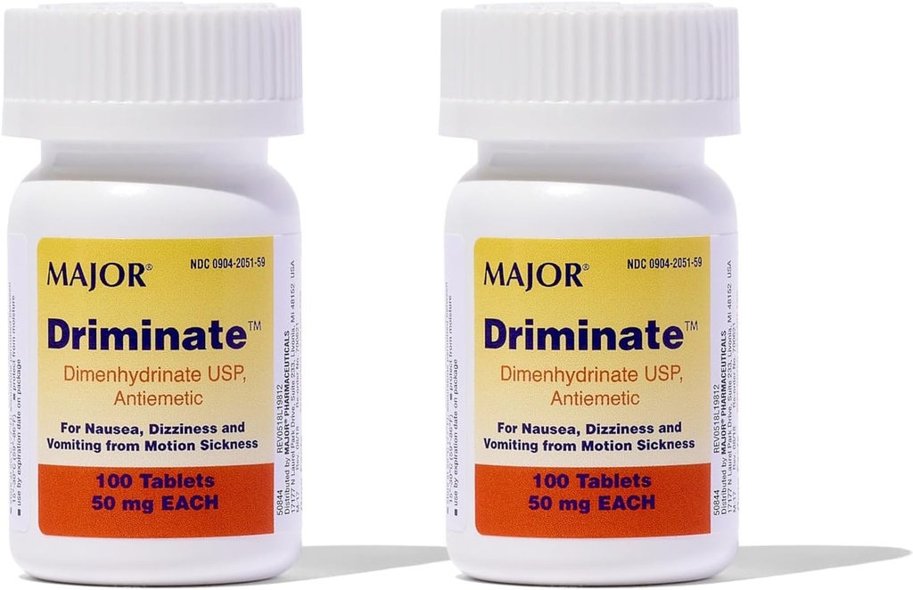 Drimination - Dimenhydrinate 50mg Motion Sickness Tablet Anti- Nausea Medicine - 100 Tablet (2 Pack)
