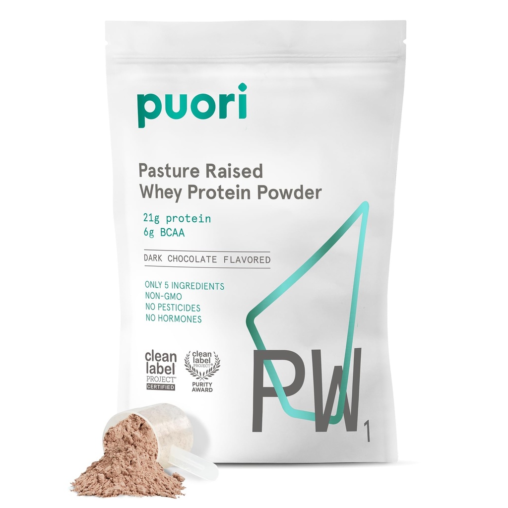Puori Whey Protein Powder, Dark Chocolate - PW1 Pasture- Raised, Grass- Fed Whey Protein Powder Drinder Mix mengandung BCAA Amino Acids - Suplai Kerja untuk Muscle Gain & Recovery - 30 Servis