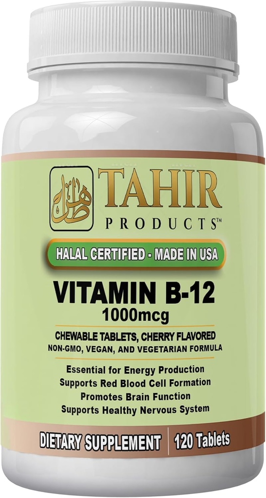 Tahir Halal Vitamin B12 10000mcg: Vegan & Vegetarian, Dairy- Free, 120 tablet yang bisa dikunyah. Dibuat di Amerika Serikat-Certified Halal.