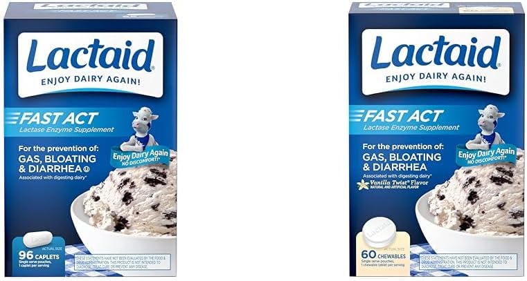 Lactaid Fast Act Laktosa Intoleransi Caplets with Lactase Enzyme, 96 Count & Fast Act Laktosa Intoleransi Chewables with Lactase Enzymes, Vanilla, 60 Count (Pack of 1)