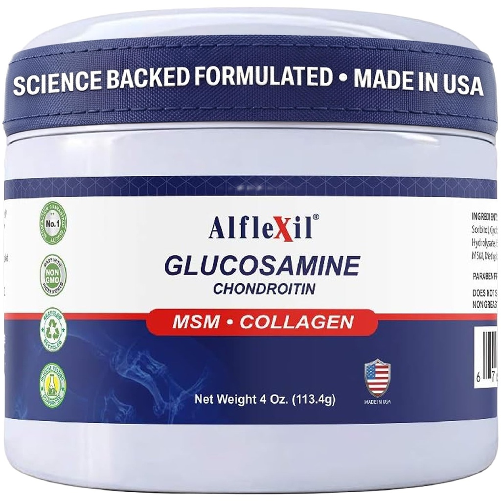 ALFA VITAMINS Alflexil Glucosamin Plus Chondroitin Cream dengan MSM & Collagen, Dukungan Kesehatan, Gabungan & Muscle Pain Relief, Meningkatkan Gerakan, Absorpsi Cepat, dan Moisturizes Skin, 4 Oz.