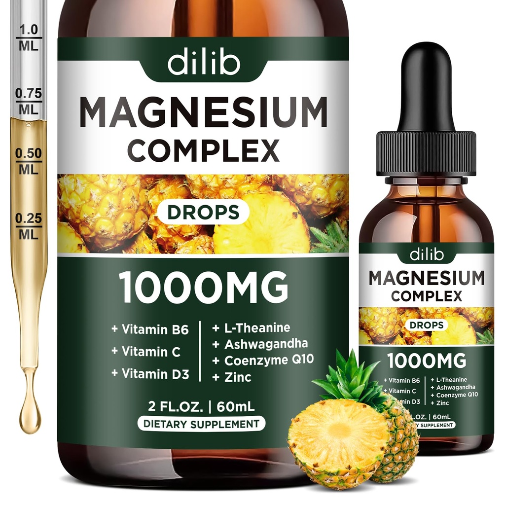 Triple Magnesium Complex Suplement, Magnesium Glycinate, Blend, Citrate Liquid Drops 100mg dengan Ashwagandha, CoQ10, Vitamin B6, C, D, Zinc - Vegan Pineapple Flavor