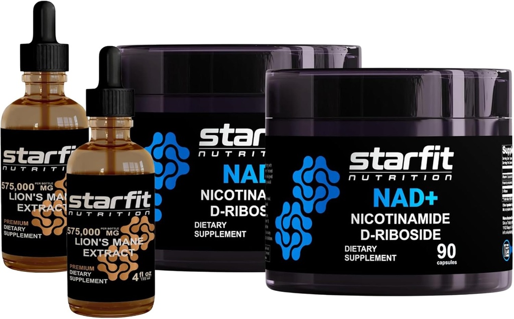 STARFIT - Nicotinamide D- Riboside, 180 Capsules & Lion 's Mane 575.000 Mg Extract, 8 Fl Oz