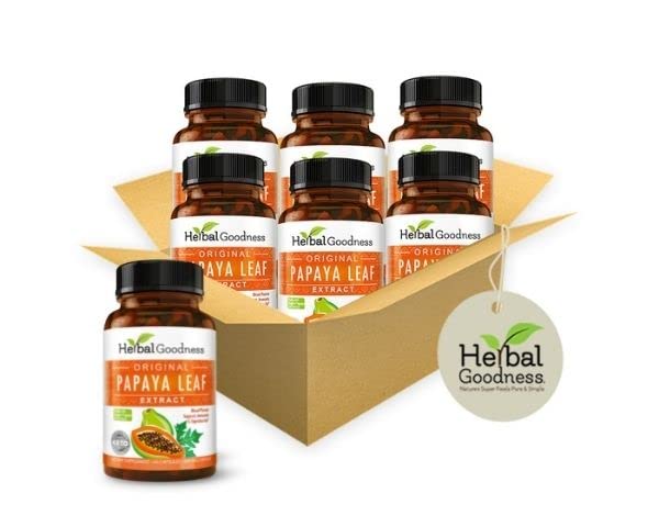 Papaya Leaf Extract Capsules 10X Kekuatan - 60 / 600mg Veg Capsules- Darah Platelet, Bone Marrow & Spleen Dukungan, Imune Gut & Super Digetical Health - Herbal Kebaikan (Paket 6)