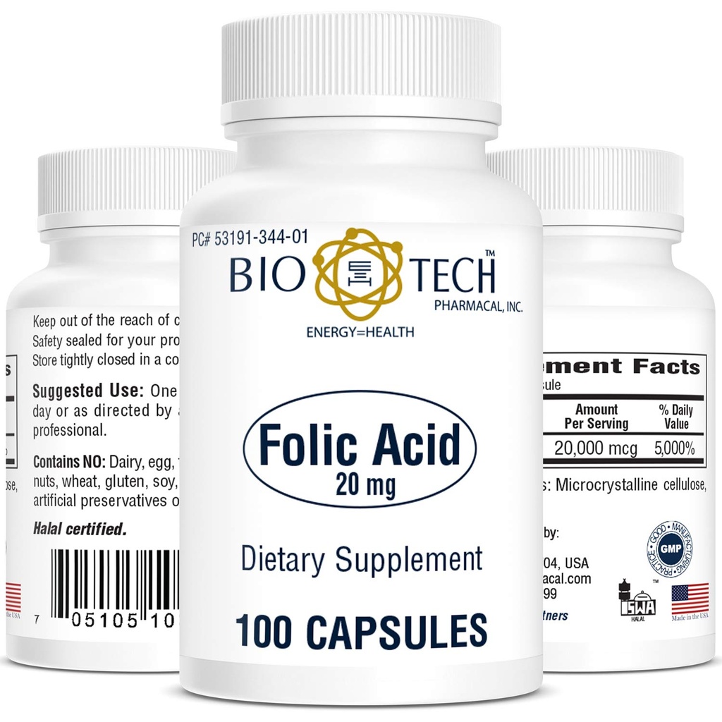 Bio- Tech Pharmacal Folic Acid (20mg, 100 Cacah)