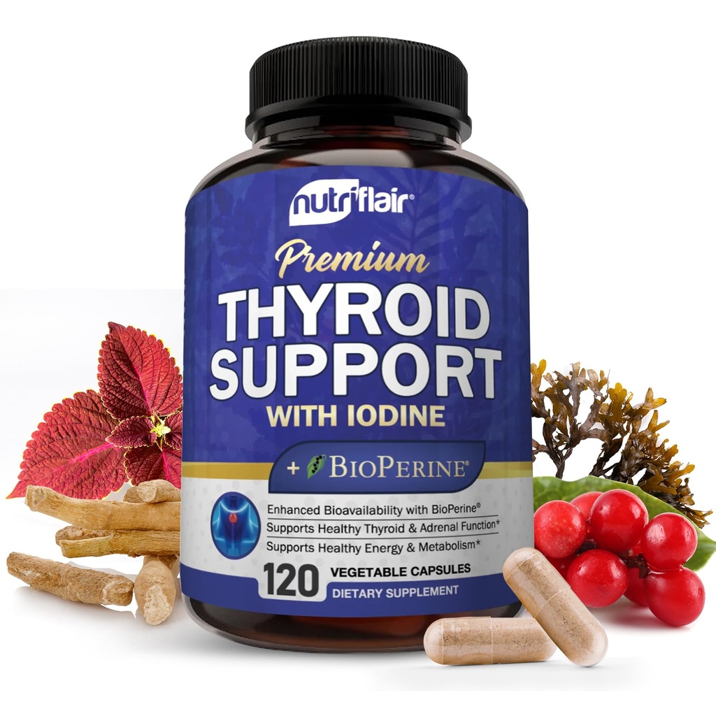 NutriFlair Thyroid Support Complex, 120 Kapsul - dengan Iodin, Black Pepper, Ashwagandha, Vitamin B12 - Thyroid Suplemen Perempuan dan Pria