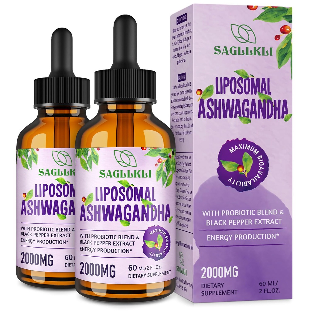 Liposal Ashwagandha Liquid Drops 2000mg, Ashwagandha Root Extract Suplement (7% Witnollides) dengan Black Pepper Extract & Prograte for Focus, Cognition & Energy - 4 FL.OZ (2 Botol)