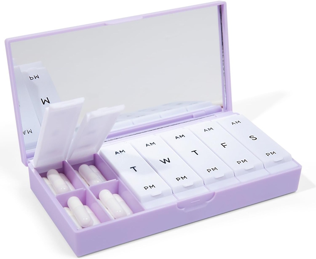 PORT X Polyish Designer Weekly Box Organizer Kotak Pill Weekly (AM / PM 2X Daily, Lilac) Compact, Stylish 7-Day Proplement Case Vitamin 124; Cute Portable Mini Travel Medical Carrier 124; BPA-Free Pilbox Caddy