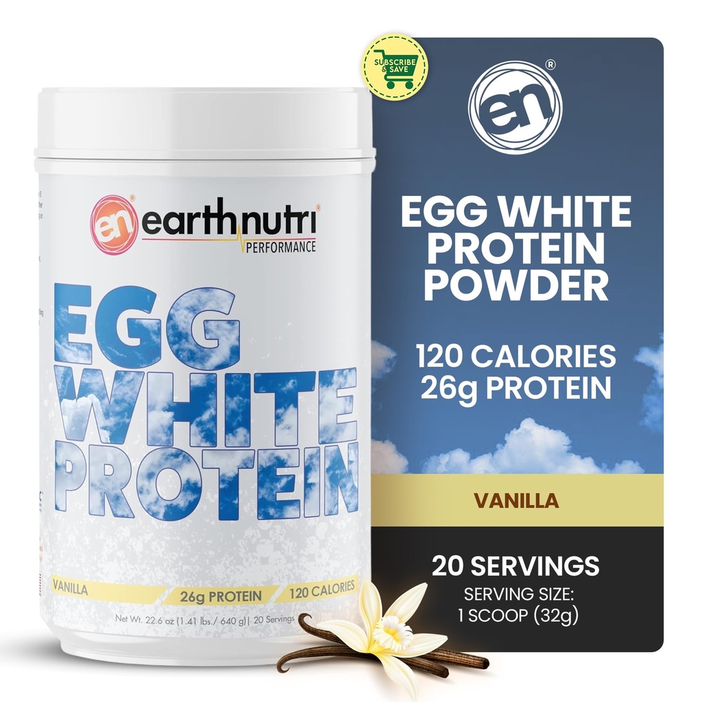 EarthNutri - Egg White Protein Powder Suplement for Pre, Intra atau Post Workout, 26g of Protein Per Serving, Dukungan Kekuatan Otot & Recovery, Tidak Ada Addicitives Artificial - Vanilla 20 Pelayan (640g)