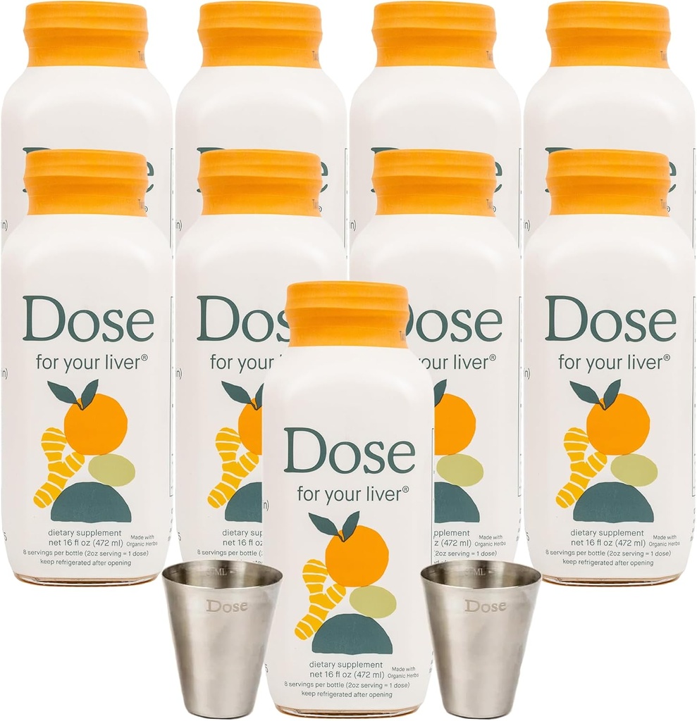 DOSE for Your Liver Suppplement Shot Hob124; Non GMO, Vegan, Gluten Free, Kosher Pareve 126; 16oz (9 Botol) & 2oz Shot Glass (2 Kacamata)