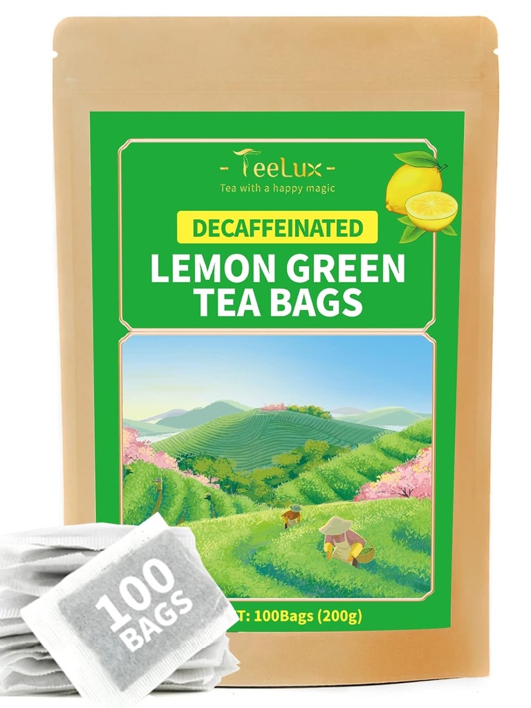 TeeLux Decaf Lemon Green Tea, Smooth Decontainated Green Tea with Refreshing Lemon Aroma & Flavor, 100 Count