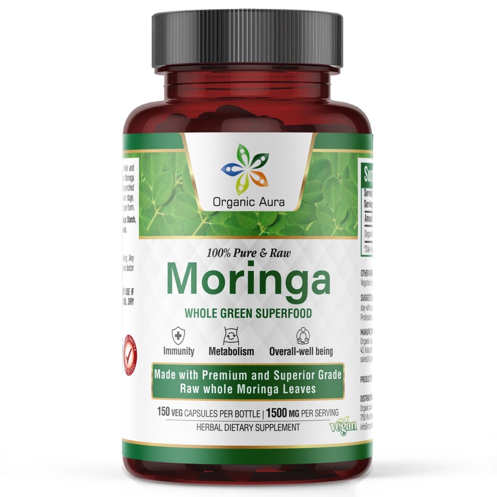 Aura Moringa Leaf Capsules 124; 1500mg - 150 HPMC Veg 124; Whole Leaves Green Food Nutrition 124; Forally Boosts Metabolisme, Energy, Health, & Stamina 124; 100% Pure Moringa Aman 1244; Non GMO.
