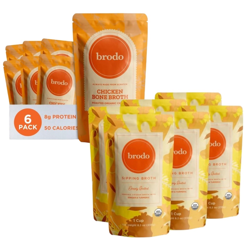 Brodo Deedly Rooted Rooted Chicken Broth with Turmeriic & Ginger & 124; Nutrient Desense, Chef Crafted Bone Broth in Single Serving Pouches 124; Not Made From Comcenturation, No Preservations (6x 8.3 oz Pouches)