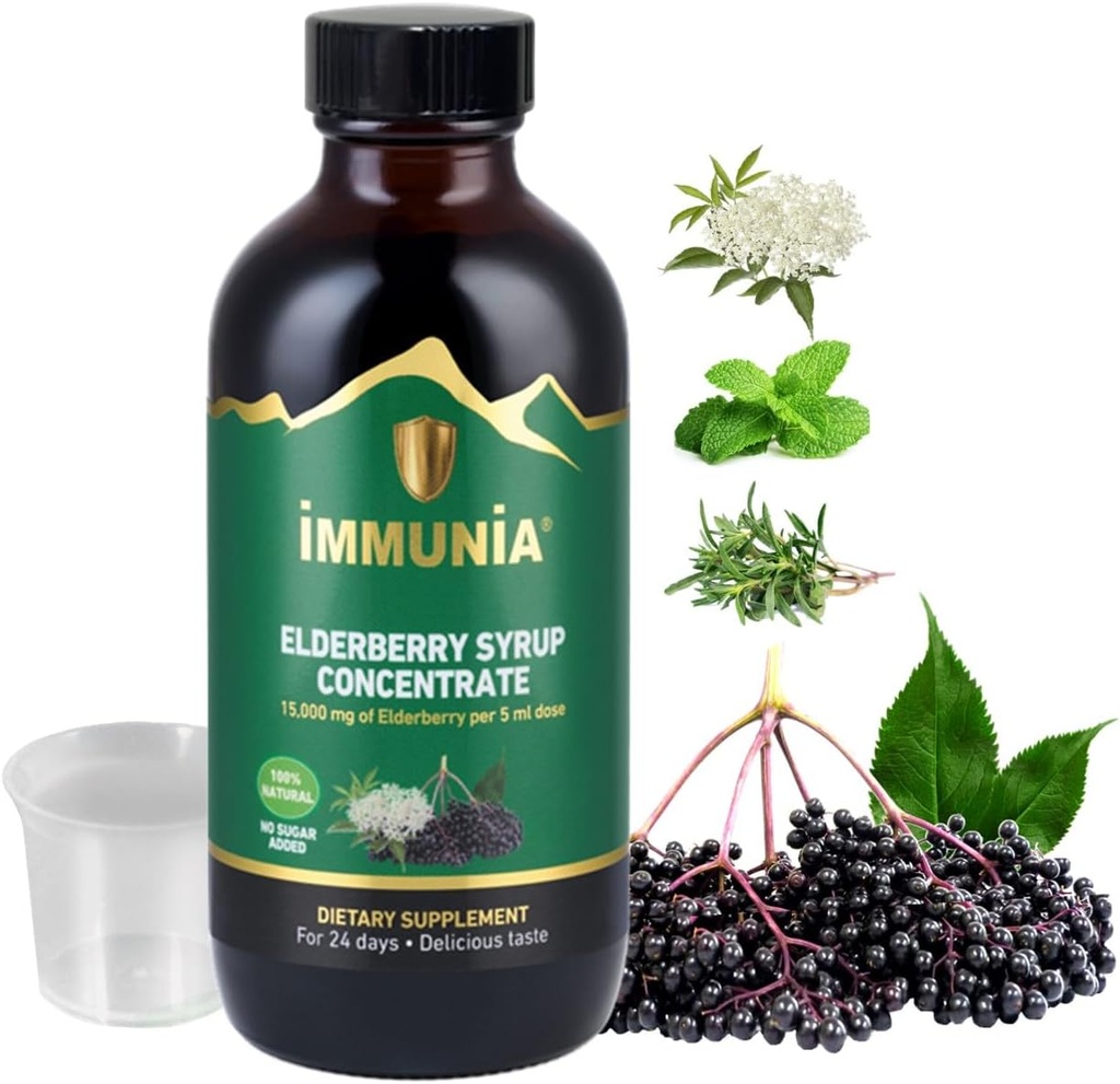Immunia Elderberry Syrup membantu Strengthen The Immune Syrup. Elderberry konsentrasi dengan Elderflower, Thyme dan Peppermint. Tidak ada Sugar Ditambahkan Lezat Taste 24 hari / Botol. (1-Pack)