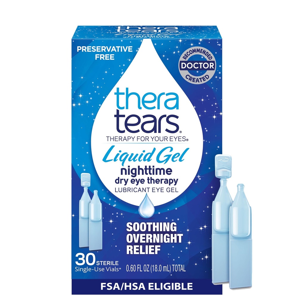 TheraTears Liquid Gel Nighttime Lubricating Eye Drops for Dry Eyes, Single- Gunakan Vials, 30 Count