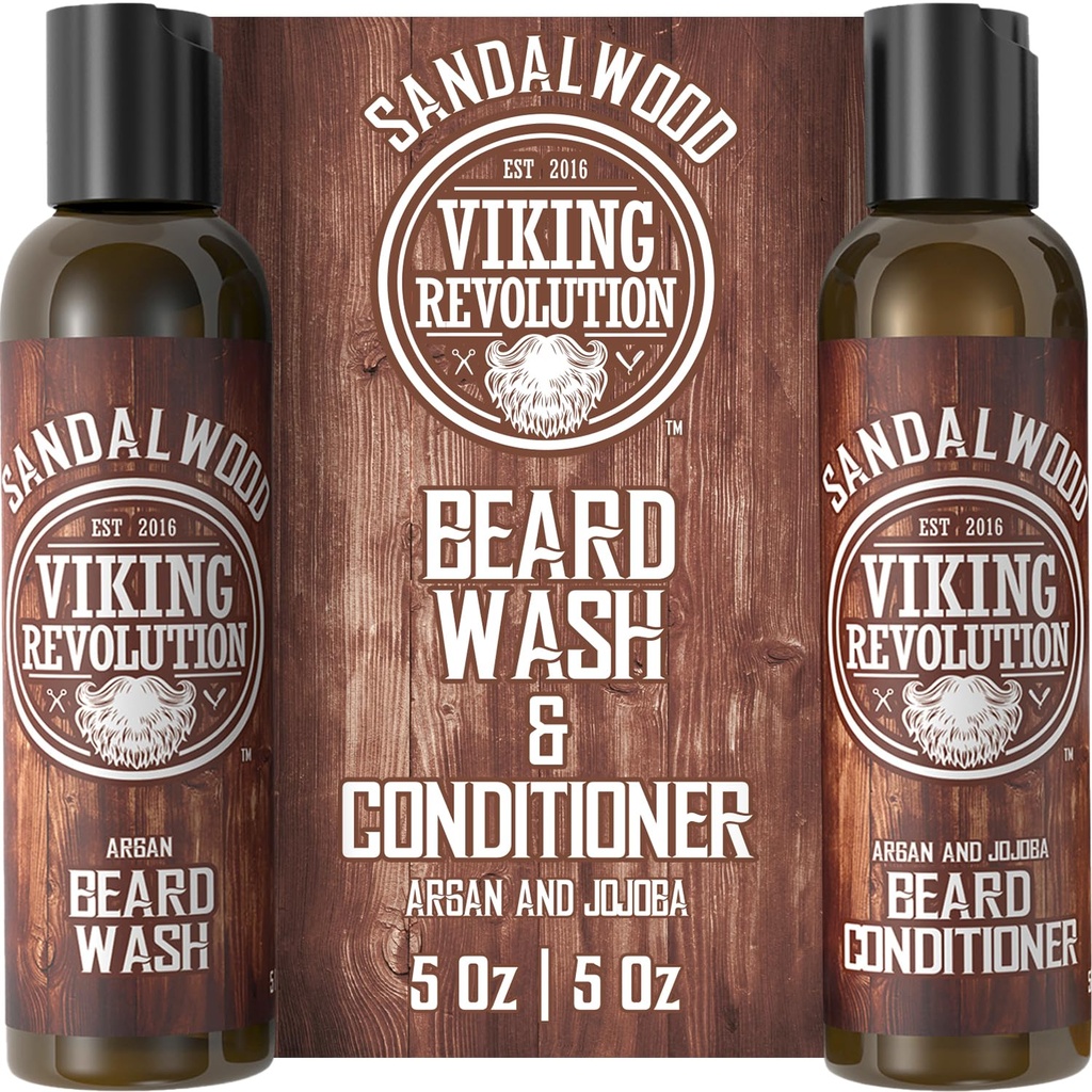 Viking Revolution Beard Wash & Konditioner Set w / Argan & Jojoba Oils - Softens & Strengthens - Natural Beard Shamphow / Beard Oil Sandalwood (5oz)