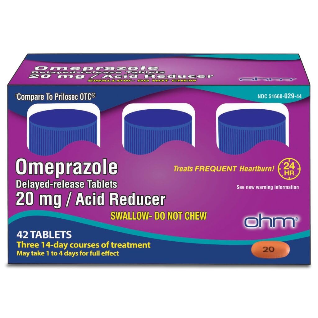 Ohm Omeprazole 20mg, 42 Delayed- Rilis Tablet, Acid Reducer for Freedment Heartburn, 24- Hour Relief Medicine, Helling Relieve Homach & Chest Discomfort (6 Weeks of Supply, 42, Count)