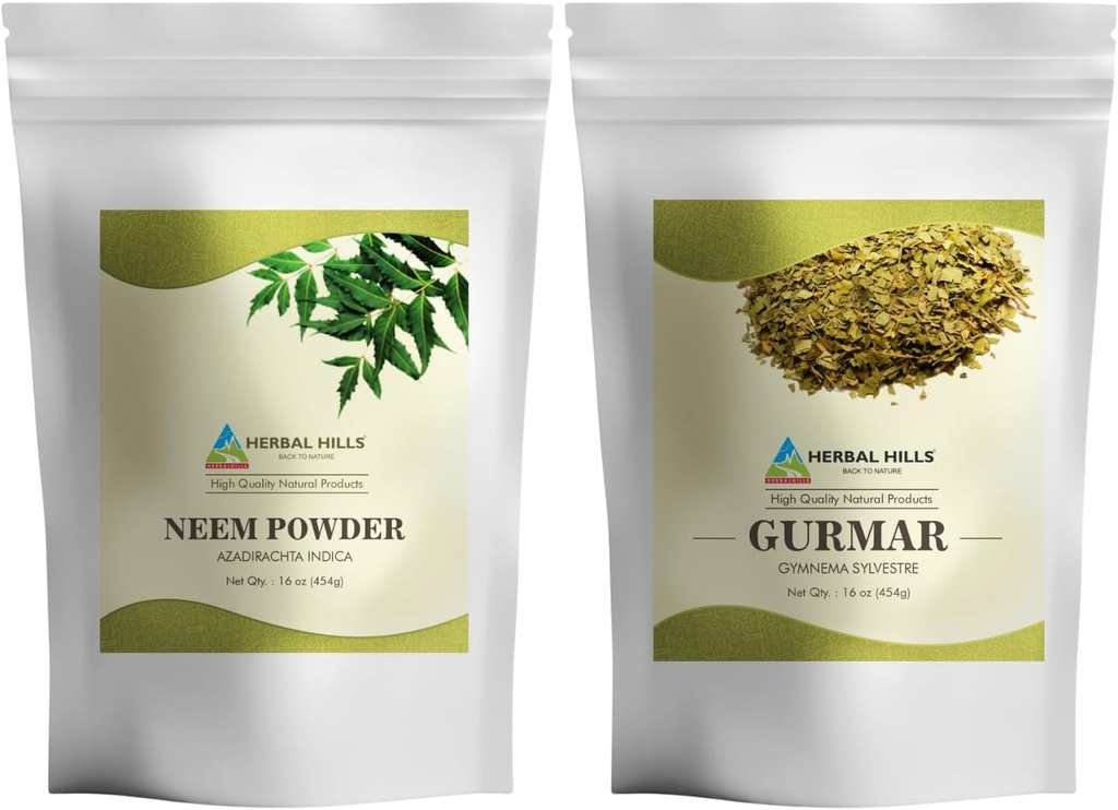 HERBAL HILLS Neem Leaf Powder dan Gurmar Powder Gymnema Sylvestre Pack dari 2 Combo
