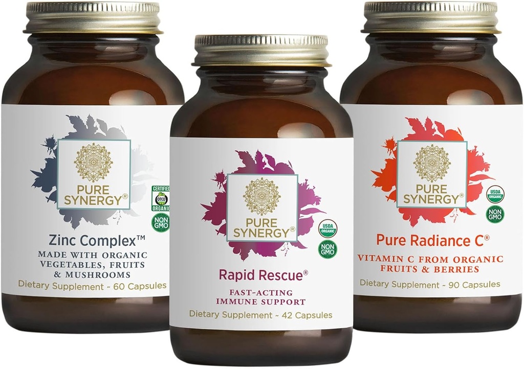 PURE SYNERGY Immune Support Bundle 124. Organic Vitamin C Suplemen 124; Zinc Suplemen Terbuat dengan Whole Foods 124; Rapid Herbal Formula dengan Echinacea Ektract 124; Non-GMO dan Organic Ingrediers