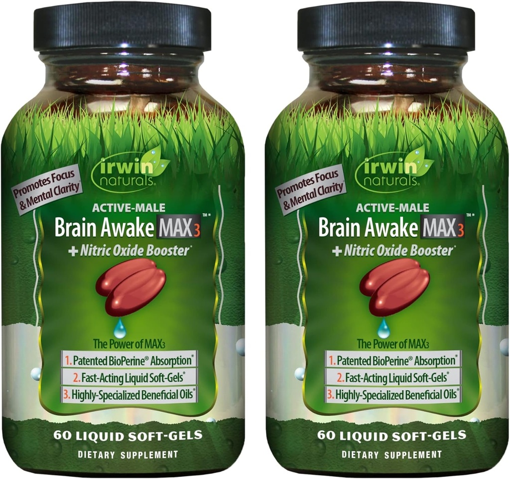 Irwin Brain Awake Max3 + Nitric Oxide Booster - 60 Liquid Soft- Gels, Pack of 2 - Dukung Kesehatan Otak & Optimasi Performance - 40 Total Pelayan