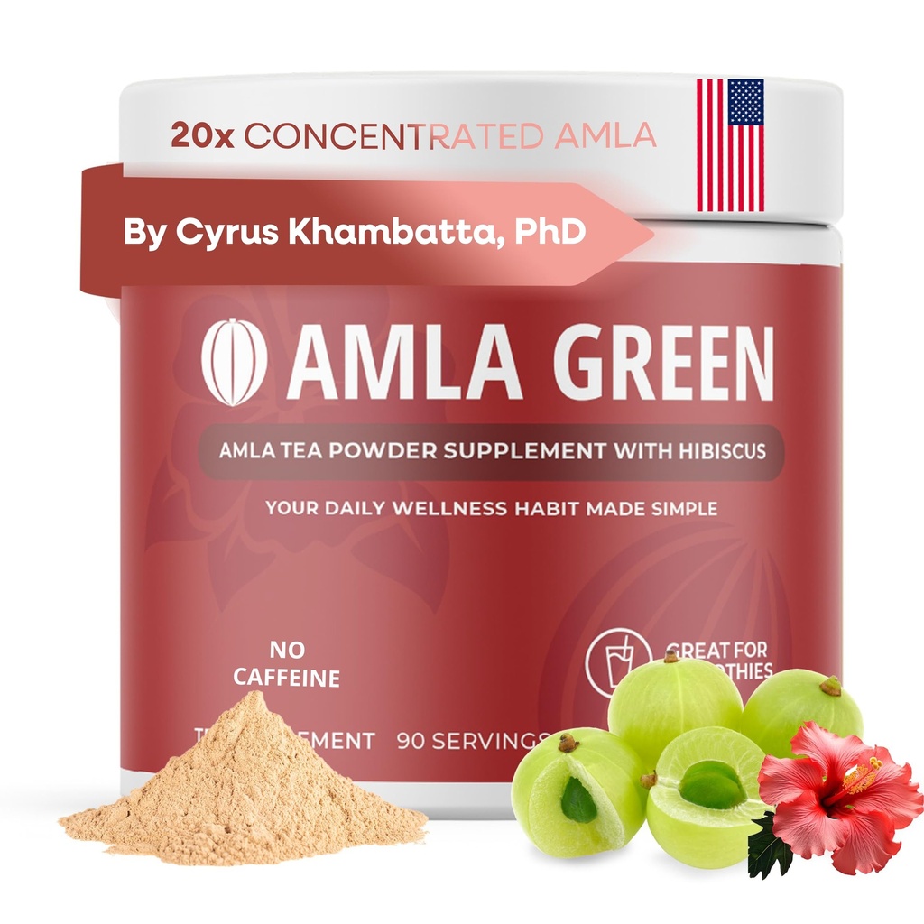 Amla Powder & Green Tea Superfood Tambahan dengan Hibiscus, 20x Ultra Terkonsentrasi Amla, Antioksidant Dukungan, Dibuat dengan Oolong Tea dan Indian Goseberry, Organik, Vegan, Hibiscus, 90 Servings