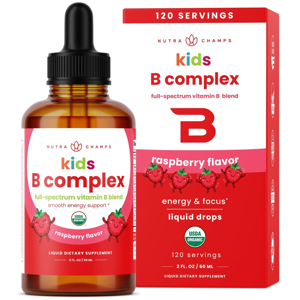 NutraChamps Vitamin B Kompleks untuk Anak-anak, B1, B2, B3, B6, B9, B9 & Metil B12, Anak B Kompleks Suplemen Liquid, Energi, Fokus, Metabolisme, Natural Berry, 120 Pelayan, 4 Bulan Tambahan