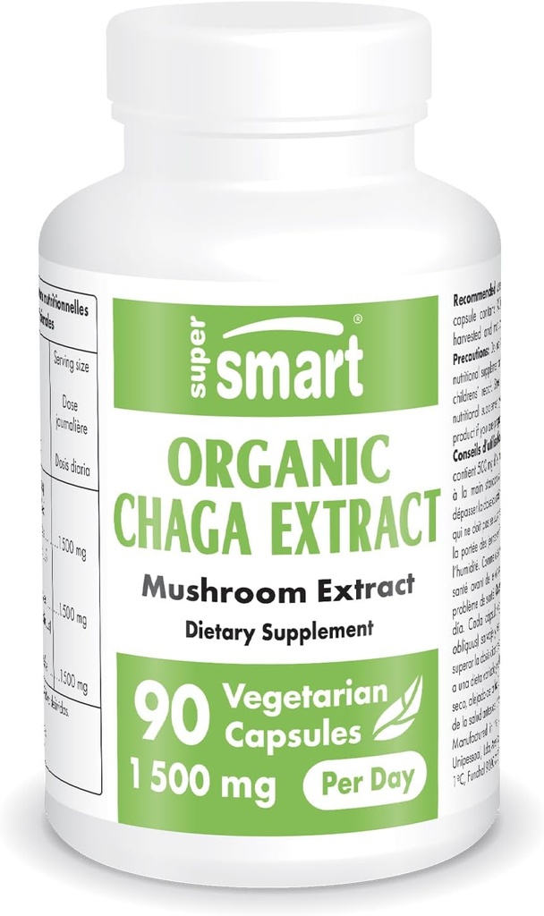 SuperSmart Organic Chaga Extract 1500mg per day (High Power) - Wild & Hand Pick Chaga Mushroom Supplement; Non-GMO & Gluten Free - 90 Vegetarian Capsules