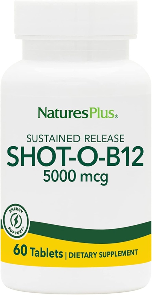 Natures Plus Shot-O-B12 (Methylcobalamin), Lampiran - 5000 mcg, 60 Vegetarian Tablet - Potensi Tinggi, Suplemen B12 Akting Cepat - Memori & Energi Booster - Gluten- Bebas - 60