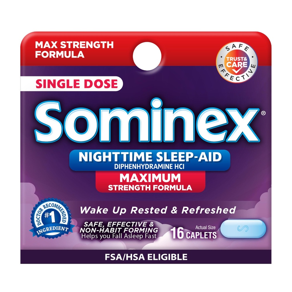 Sominex Nighttime Sleep-Aid Tablet, Maximum Power Formula, Single Dose, Asported, 16 Count