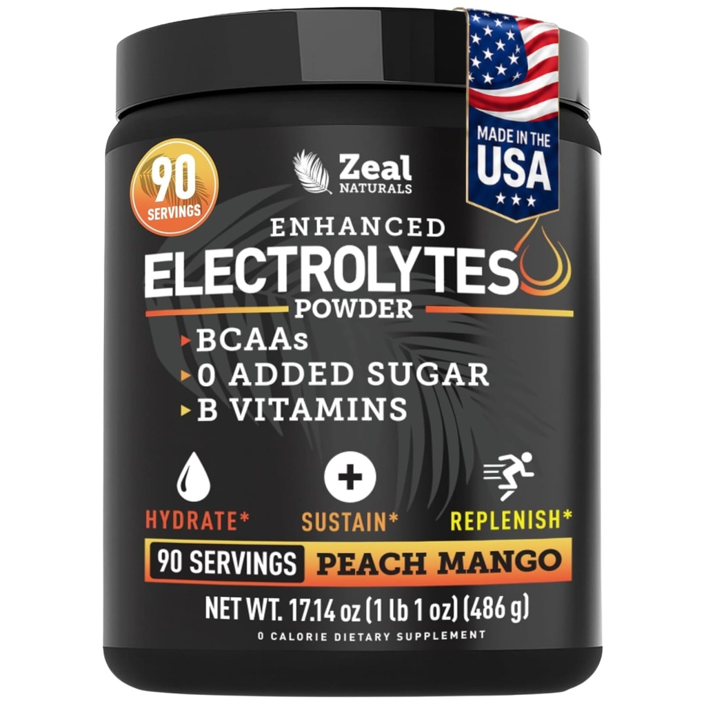 Feal Recovery Meap Electrolyte Powder (90 Servings & Magnesium Peach Mango) w 0 Sugar + BCAAs + B-Vitamin Electrolite Suppplemen w Potemarial Zinc & Magnesium for Hydration - Keto Electrolytes