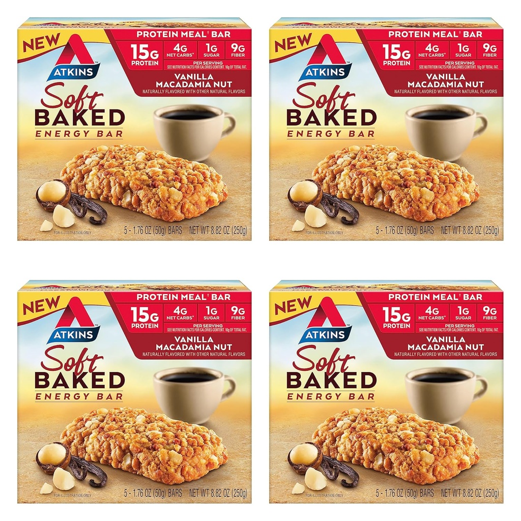 Atkins Vanilla Macalamia Nut Flavarored Soft Baked Energy Bars, High in Protein, Low Sugar, High Fiber Snack, Protein Snack, 4 Packs (4 Bars Masing-masing)