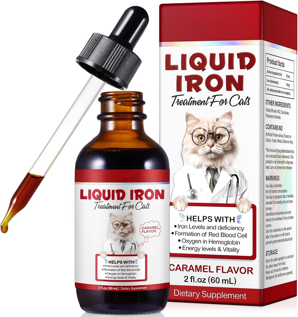Suplemen Besi untuk Kucing, 60ML Cair Besi dengan Folate dan B12 Supports Anemia, Low Enery Levels dan Letargy, Promoses Red Blood Cell Formation and Blood Health