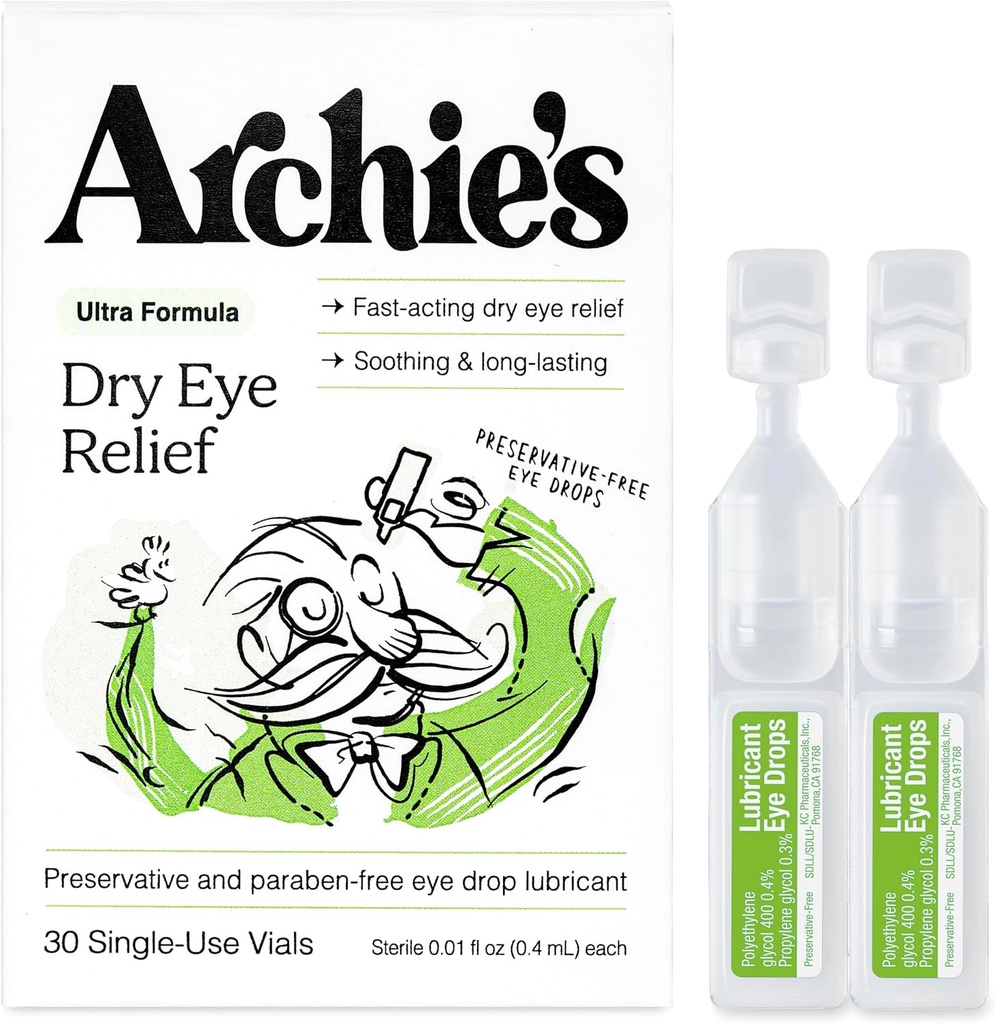 Archie 's Remedies, Dry Eye Relief, Ultra Lubricating Eye Drops, Clean Formula and Preservative- Free Vials, Single-Use, for Irritation and Red Eyes, Natural Tears, 30 Count