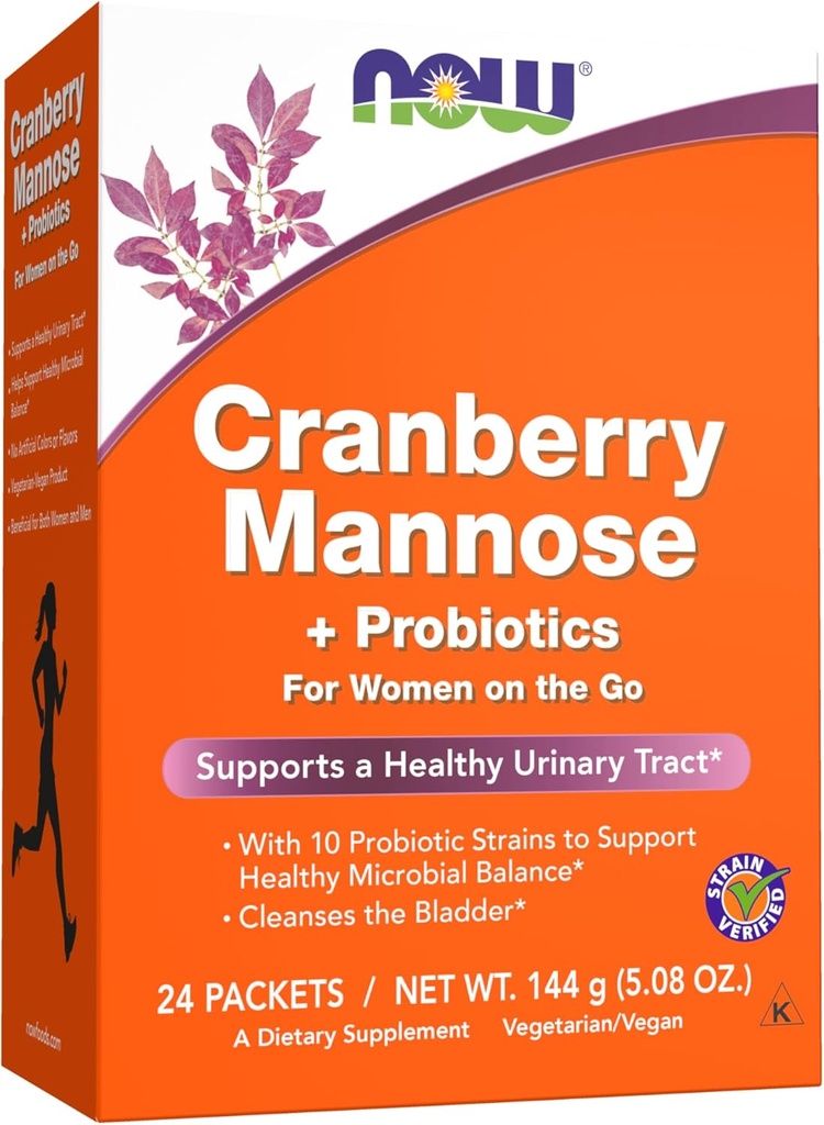Suplemen NOW, Cranberry Mannose + Progities dengan campuran 10 Probiotic Bakteri Strains, 24 / Box