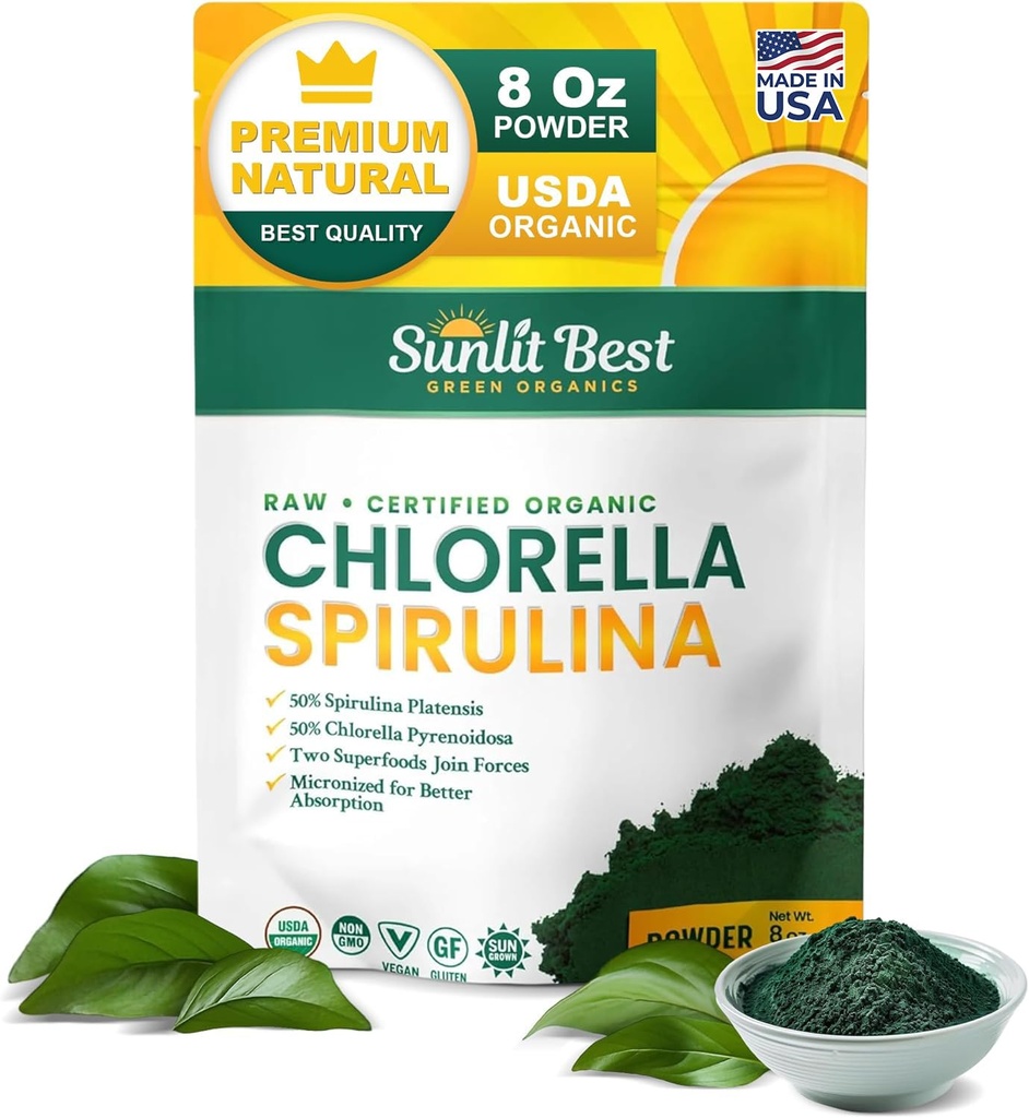 Sunlit Best USDA Organic Chlorella Spirulina Powder - 100% Raw & Vegan Sumber Protein & Chlorofil 124; Non GMO & Gluten Free Superfood Energy Drink: Kesehatan Gut & Imune Tambahan Dukungan, 8 oz
