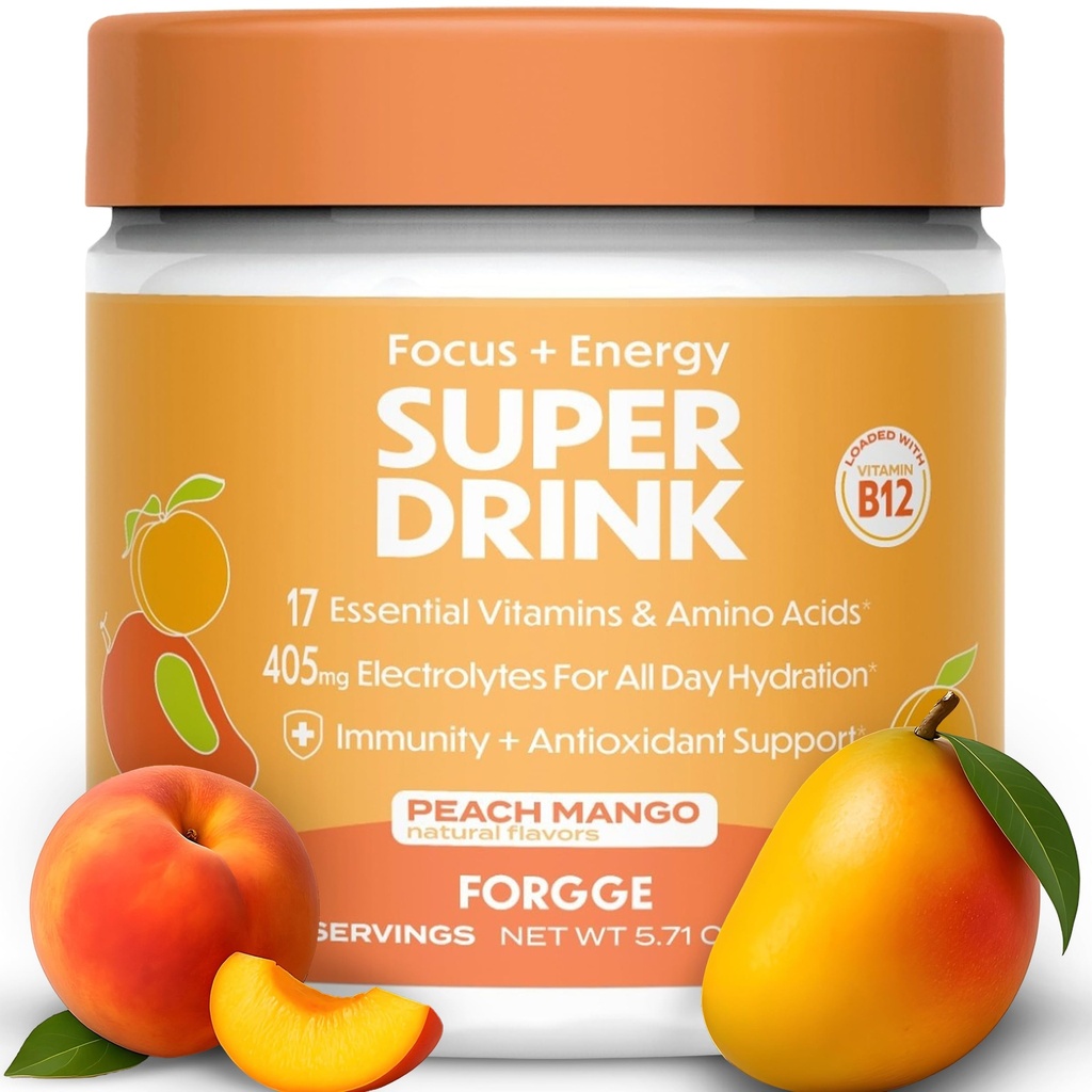 Forgge Energy Booster Super Drinder - Quaxedins + B12, B6, C & D Vitamin - Sugar Free Energy Powder dengan Electrolytes, Amino Acids, Antioksidants, Lions Mane - Vegan, Keto- Friendly - 30 SVG, Peach Mangga